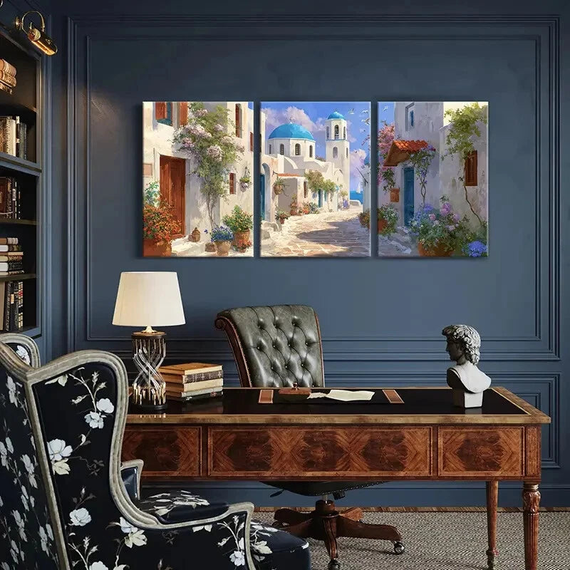 3pcs Mediterranean Village Scene White Buildings Metal Print Ready to Hang Art - Bella Home Decor