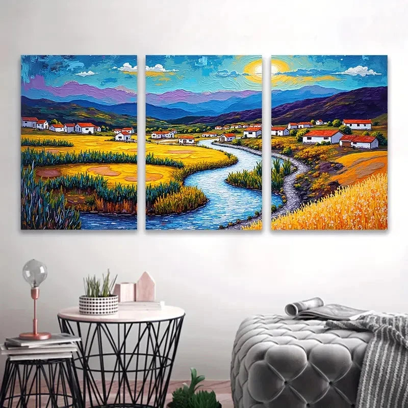 3pcs Vibrant With River Sunset & Mountain Wall Art Set Canvas Framed 40x60cm - High Quality Print 100% Australian Made Wall Canvas Ready to Hang