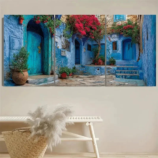 3pcs Moroccan Street Art Vibrant Blue Wall Art Set Canvas Framed 60x90cm - High Quality Print 100% Australian Made Wall Canvas Ready to Hang