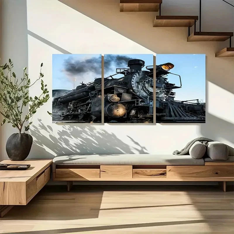 3pcs Vintage Steam Locomotive Train Metal Print Ready to Hang Art