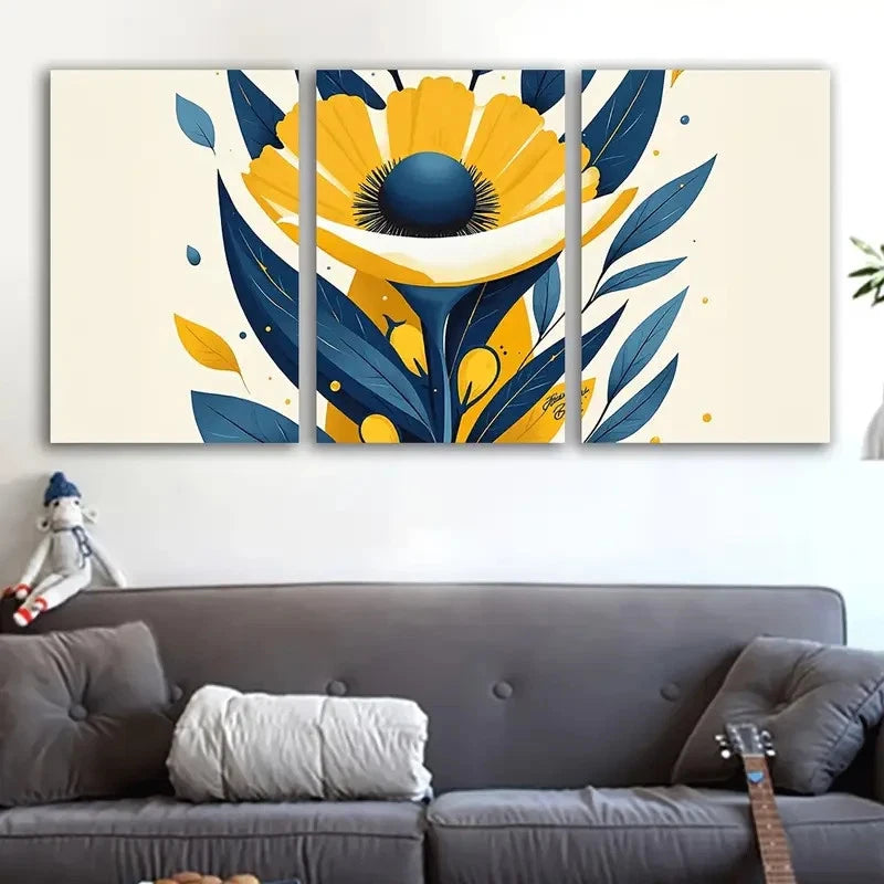 3pcs Yellow & Blue Floral Abstract Design Wall Art Set Canvas Framed 50x70cm - High Quality Print 100% Australian Made Wall Canvas Ready to Hang