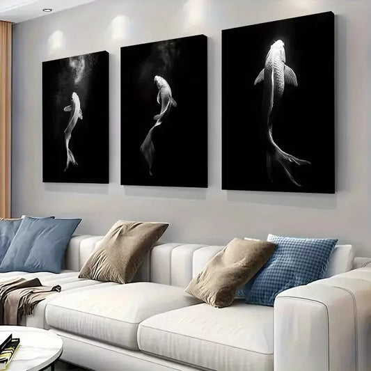 3pcs Oriental Style Koi Fish Ink Style Modern Art Set Canvas Framed 50x70cm - High Quality Print 100% Australian Made Wall Canvas Ready to Hang