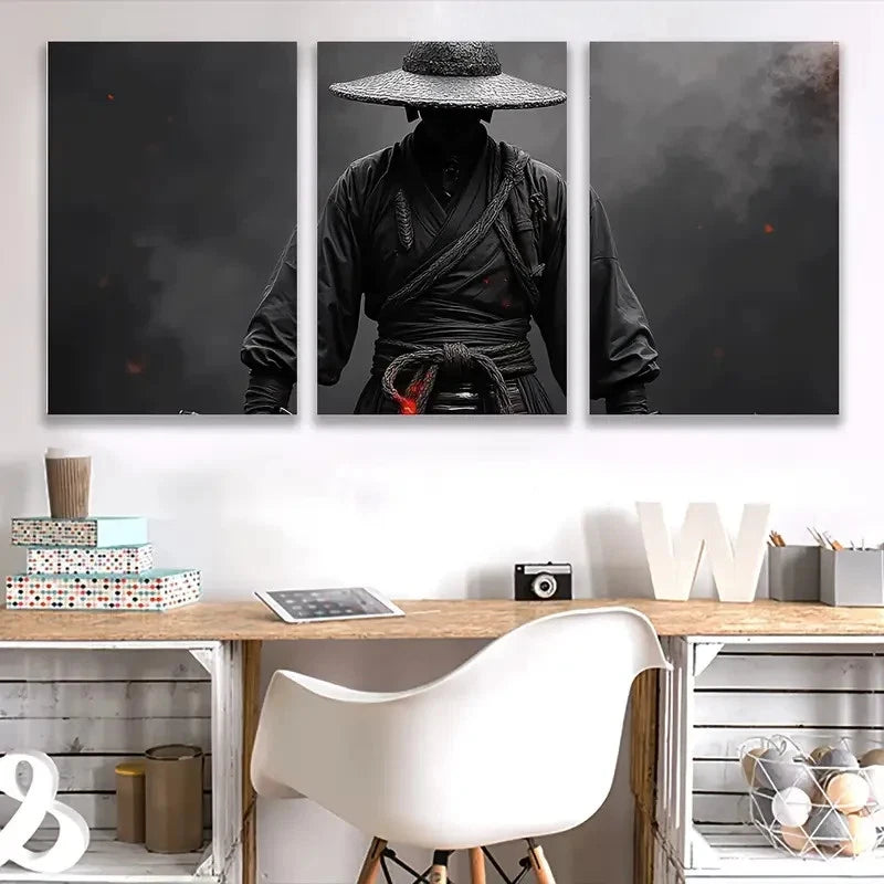 3pcs Man in a Samurai Costume ART Wall Art Set Canvas Framed 40x60cm - High Quality Print 100% Australian Made Wall Canvas Ready to Hang