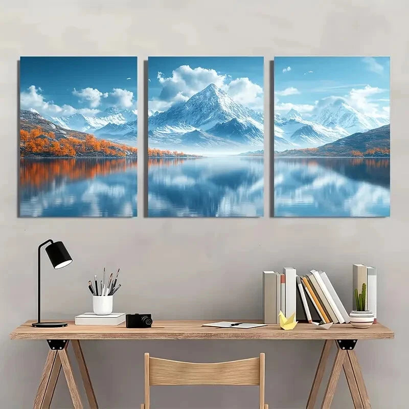 3pcs Featuring Minimalist Mountains And a Lake Metal Print Ready to Hang Art - Bella Home Decor