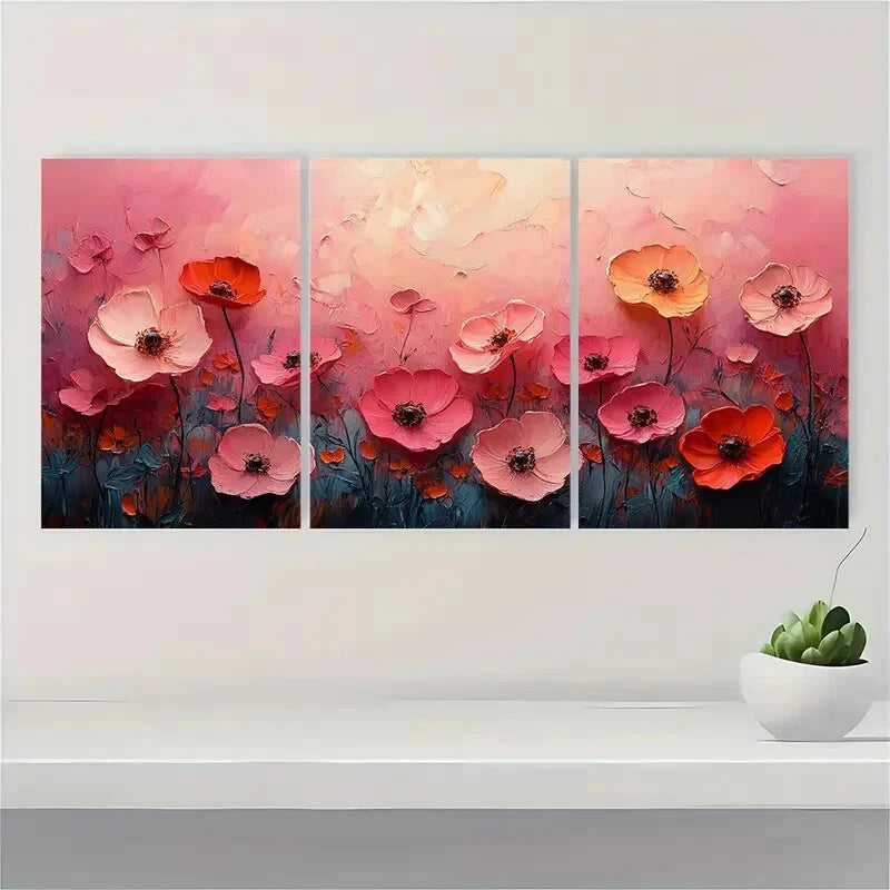 3pcs Floral Textured Abstract Oil Paintings Metal Print Ready to Hang Art - Bella Home Decor
