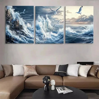 3pcs Ocean Waves Seagulls Majestic Sea Perfect Wall Art Canvas Unframed - High Quality Print 100% Australian Made Wall Canvas