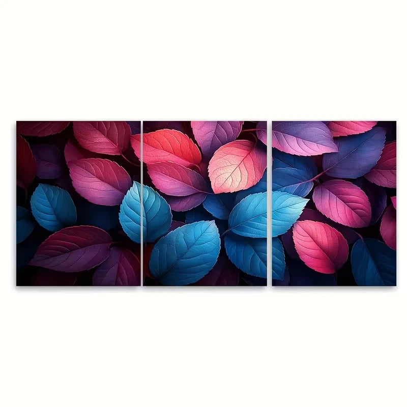 3pcs Ethereal Skeleton Leaves Turquoise and Magent Metal Print Ready to Hang Art - Bella Home Decor