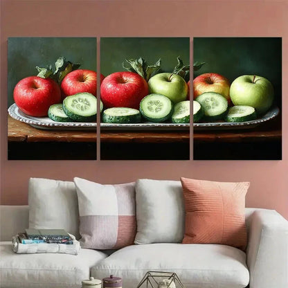 3pcs Food Still Life of Fresh Cucumbers and Apples Metal Print Ready to Hang Art - Bella Home Decor