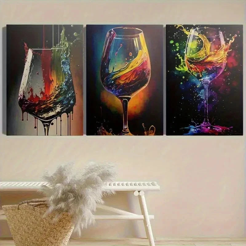 3pcs Colorful Wine Glass Prints, Abstrac Wall Art Set Canvas Framed 40x60cm - High Quality Print 100% Australian Made Wall Canvas Ready to Hang - Bella Home Decor