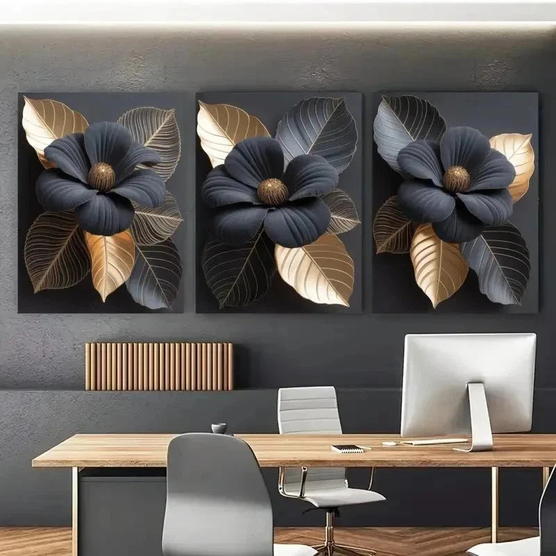 3pcs Black & Golden Floral Canvas Wall Art Set Canvas Framed 40x60cm - High Quality Print 100% Australian Made Wall Canvas Ready to Hang - Bella Home Decor
