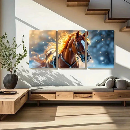 3pcs Vibrant Horse with Golden Mane Wall Art Set Canvas Framed 60x90cm - High Quality Print 100% Australian Made Wall Canvas Ready to Hang - Bella Home Decor