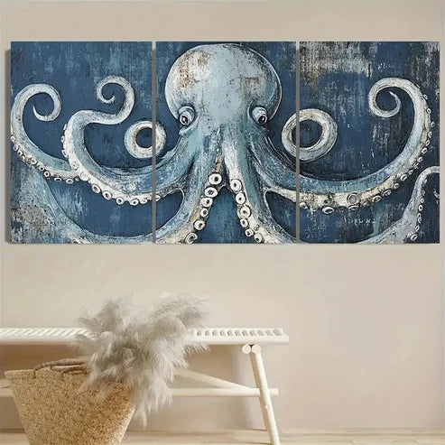 3pcs Blue Octopus Art Nautical Wall Art Set Canvas Unframed - High Quality Print 100% Australian Made Wall Canvas - Bella Home Decor