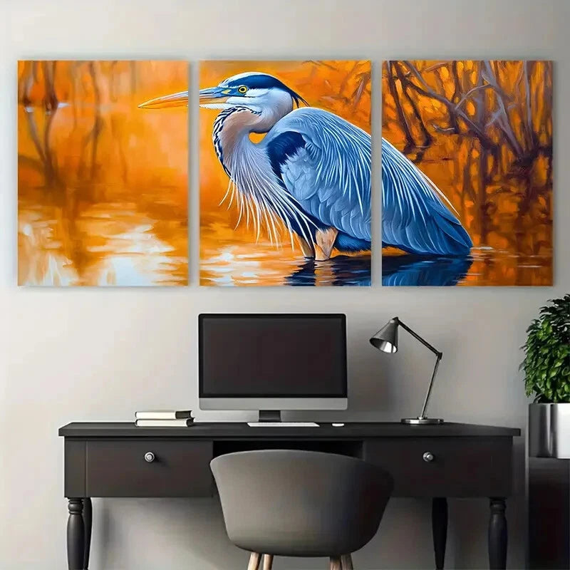 3pcs Great Blue Heron Painting Swamp Animals Metal Print Ready to Hang Art - Bella Home Decor