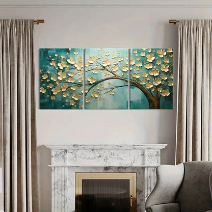 3pcs Golden Blossoms Abstract Floral Art Metal Print Ready to Hang Art - Bella Home Decor