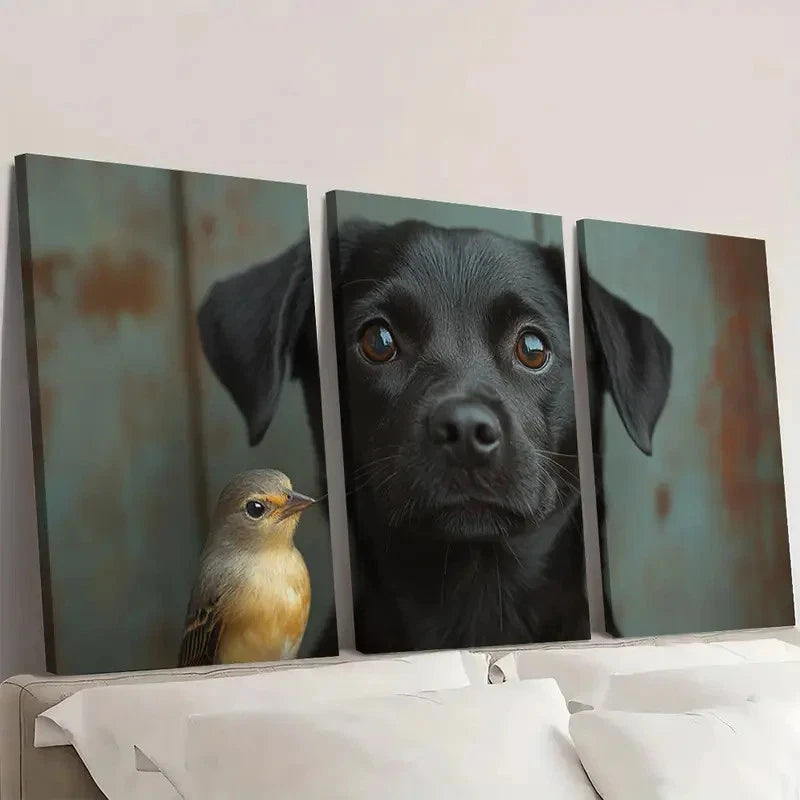 3pcs Black Dog with Bird, Rustic H   Wall Art Set Canvas Framed 60x90cm - High Quality Print 100% Australian Made Wall Canvas Ready to Hang - Bella Home Decor