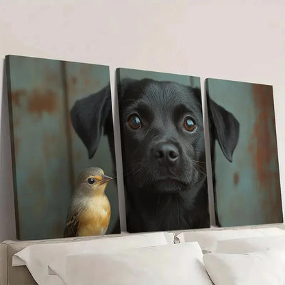 3pcs Black Dog with Bird, Rustic H   Wall Art Set Canvas Framed 60x90cm - High Quality Print 100% Australian Made Wall Canvas Ready to Hang - Bella Home Decor