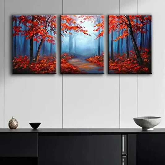 3pcs Autumn Forest Red Leaf Nature Peace Perfect Wall Art Set Canvas Framed 60x90cm - High Quality Print 100% Australian Made Wall Canvas Ready to Hang