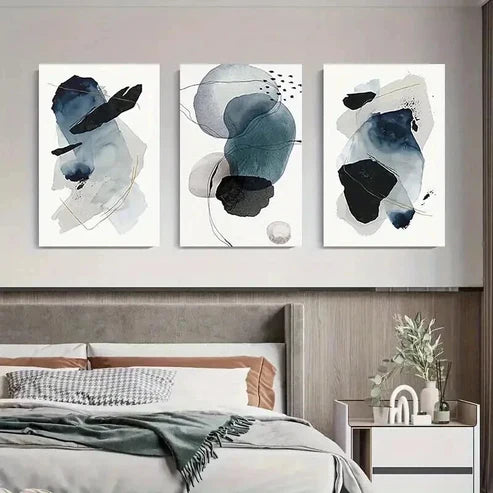 3pcs Blue & Black Shapes with Golden Accents  Art Set Canvas Unframed - High Quality Print 100% Australian Made Wall Canvas - Bella Home Decor