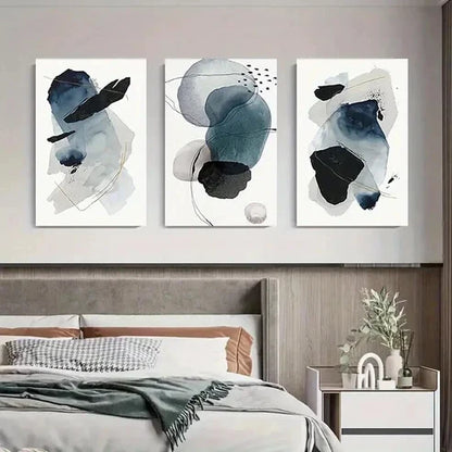 3pcs Blue & Black Shapes with Golden Accents  Art Set Canvas Unframed - High Quality Print 100% Australian Made Wall Canvas - Bella Home Decor