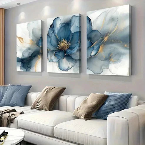 3pcs Elegant Blue and Golden Peony Flower  Art Set Canvas Unframed - High Quality Print 100% Australian Made Wall Canvas