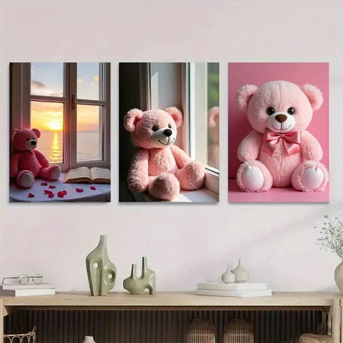 3pcs Charming Pink Teddy Bear Romantic Sunset Wall Art Set Canvas Unframed - High Quality Print 100% Australian Made Wall Canvas - Bella Home Decor