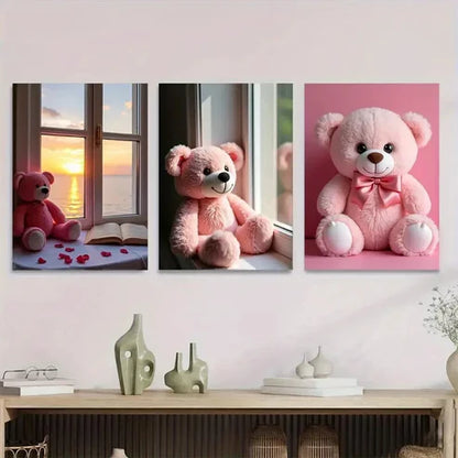 3pcs Charming Pink Teddy Bear Romantic Sunset Wall Art Set Canvas Unframed - High Quality Print 100% Australian Made Wall Canvas - Bella Home Decor