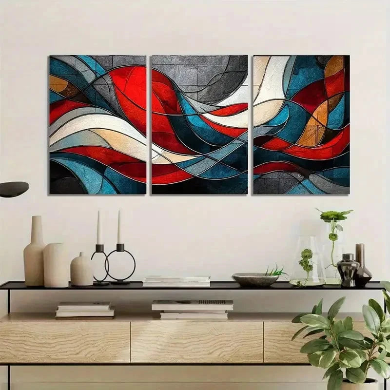 3pcs Abstract Red White and Blue Flowing Shapes Metal Print Ready to Hang Art - Bella Home Decor