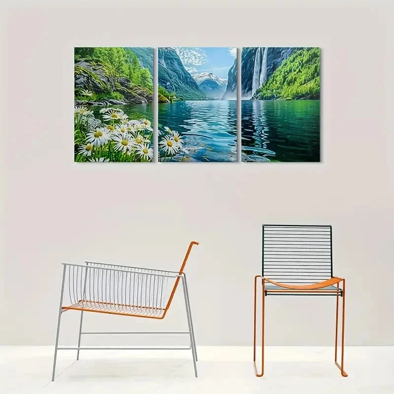 3pcs Nature Waterfall Mountain Daisy Flowers Wall Art Set Canvas Framed 60x90cm - High Quality Print 100% Australian Made Wall Canvas Ready to Hang