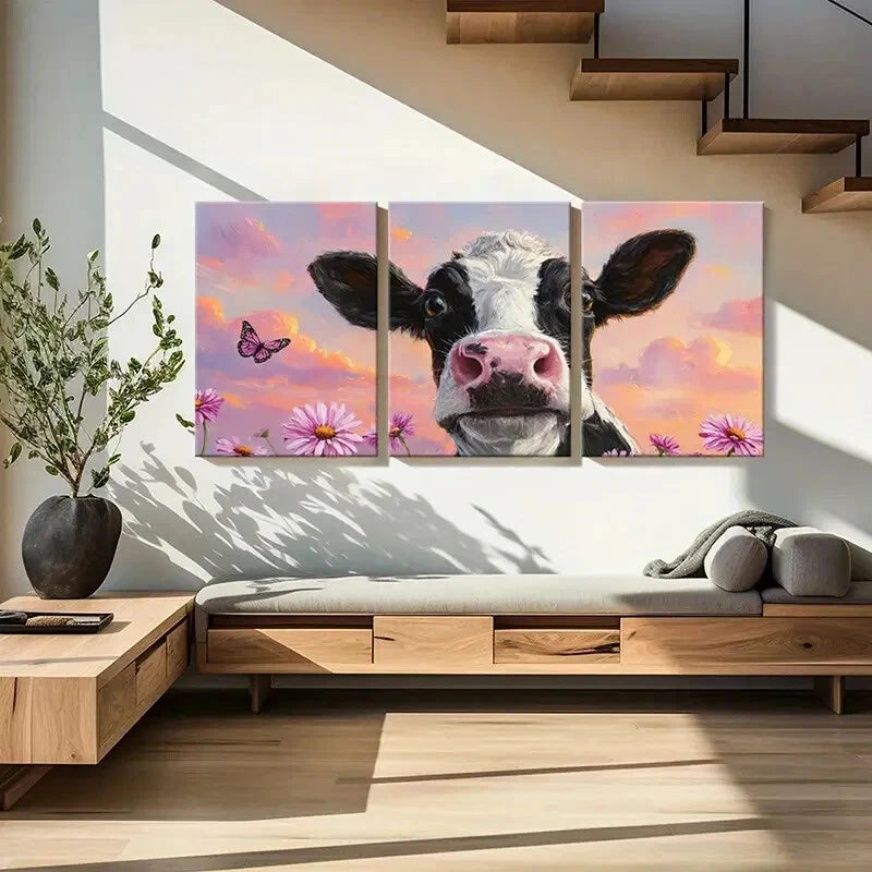 3pcs Cow Portrait Floral Surroundings Soft Pastel Metal Print Ready to Hang Art - Bella Home Decor