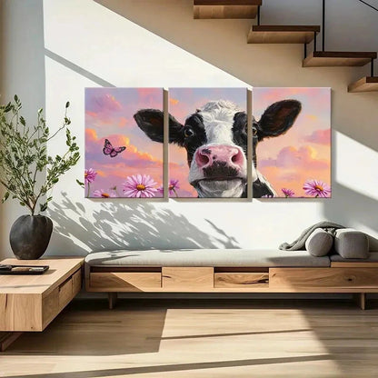 3pcs Cow Portrait Floral Surroundings Soft Pastel Metal Print Ready to Hang Art - Bella Home Decor