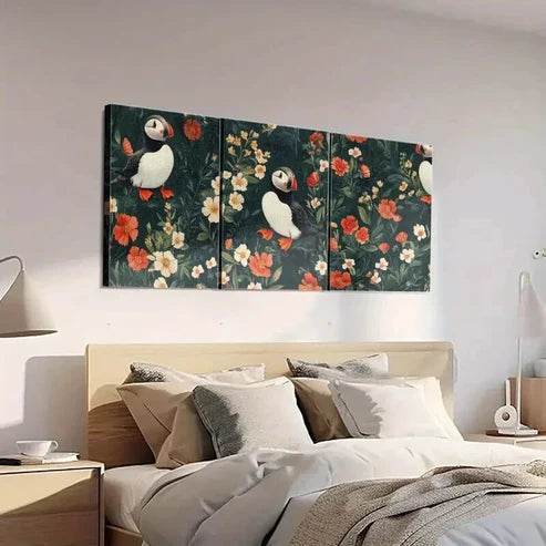 3pcs Puffins & Blooming Flowers Decorations  Wall Art Set Canvas Unframed - High Quality Print 100% Australian Made Wall Canvas - Bella Home Decor