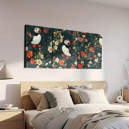 3pcs Puffins & Blooming Flowers Decorations  Wall Art Set Canvas Unframed - High Quality Print 100% Australian Made Wall Canvas - Bella Home Decor
