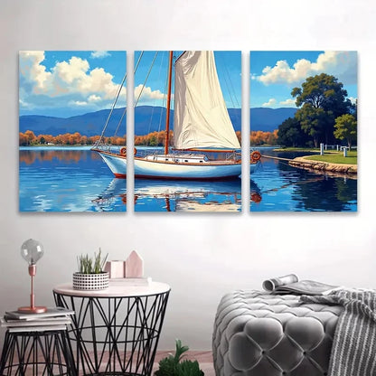 3pcs Serene Sailboat on Tranquil Waters Wall Art Set Canvas Framed 40x60cm - High Quality Print 100% Australian Made Wall Canvas Ready to Hang