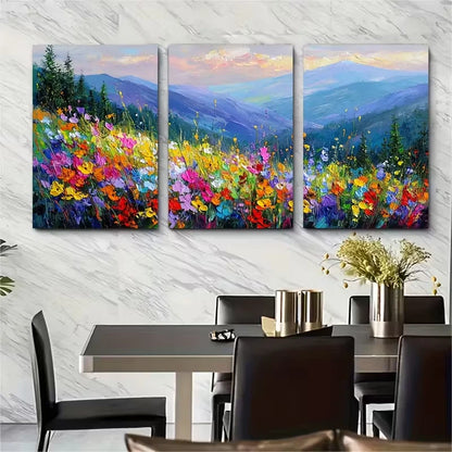3pcs Mountain Sunset & Wildflowers Landscapes Metal Print Ready to Hang Art