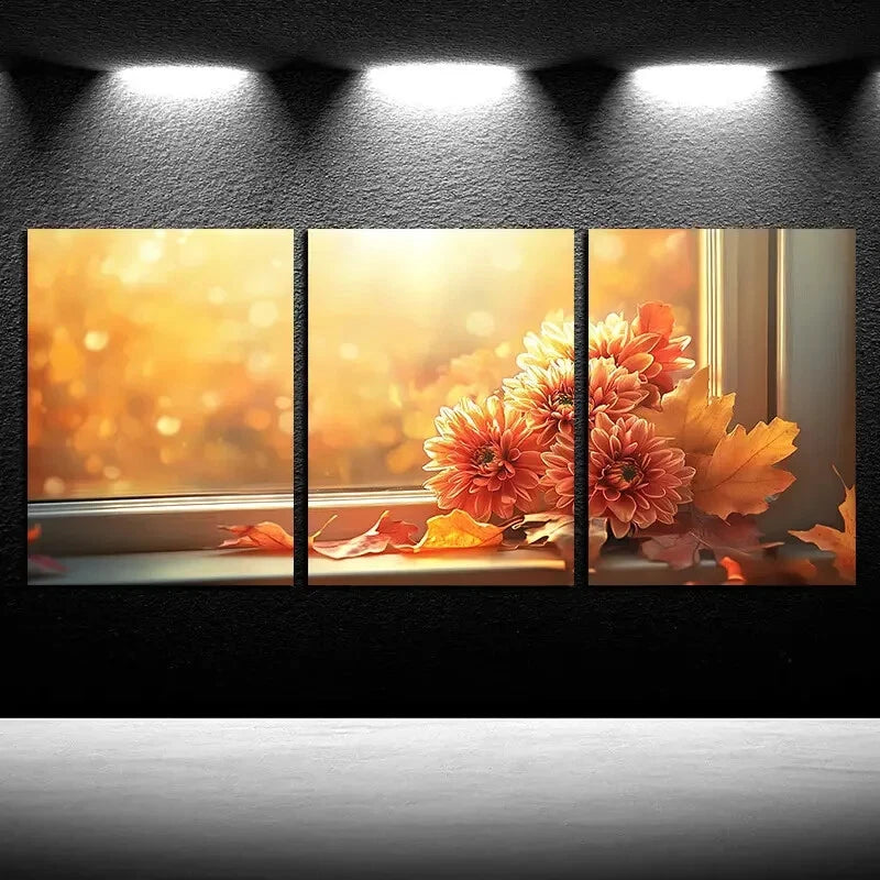3pcs Vibrant Autumn Floral by Window Design Metal Print Ready to Hang Art - Bella Home Decor