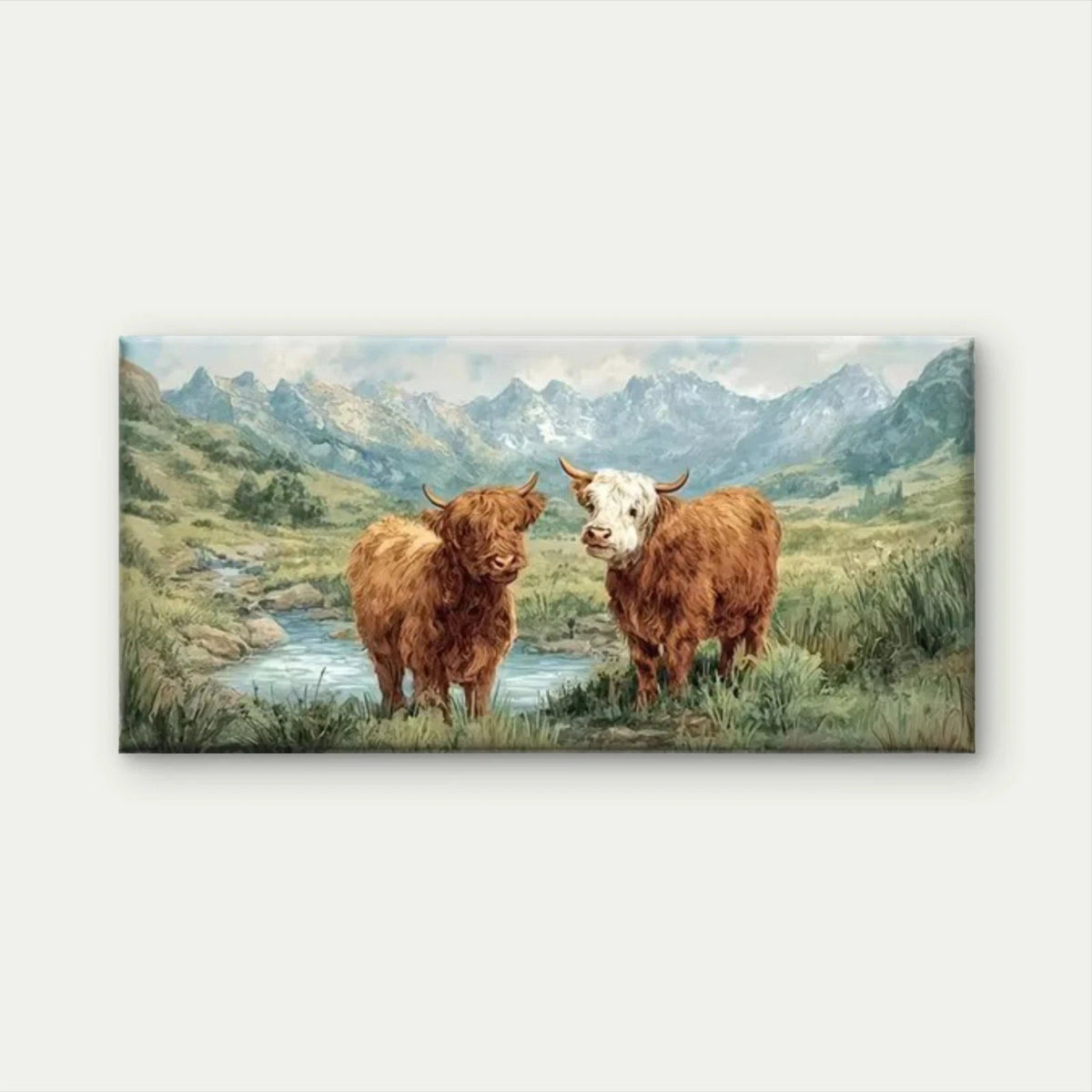 Highland Cow & Calf Landscape Wall Art Canvas Office Home Room Framed 120x60cm