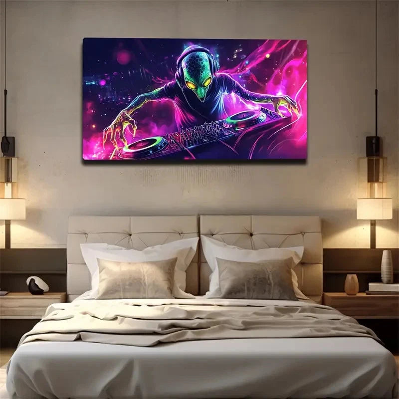 Alien DJ Scene Vibrant Neon Wall Art Canvas Office Home Room Framed 120x60cm