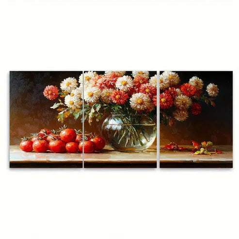 3pcs Chrysanthemums in a Glass Vase with Tomato Wall Art Canvas Unframed - High Quality Print 100% Australian Made Wall Canvas - Bella Home Decor