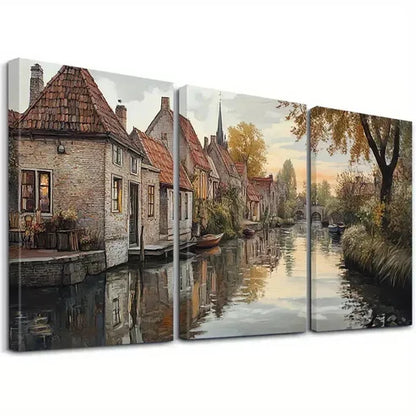 3pcs Aesthetic Peaceful Village In Autumn  Art Set Canvas Unframed - High Quality Print 100% Australian Made Wall Canvas - Bella Home Decor