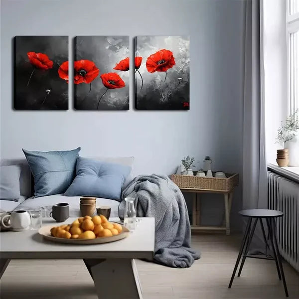 3pcs Deep Red Flowers Wall Art Set Canvas Framed 60x90cm - High Quality Print 100% Australian Made Wall Canvas Ready to Hang - Bella Home Decor