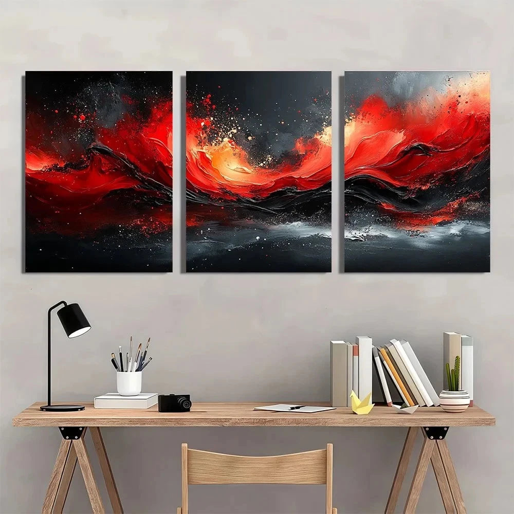 3pcs Modern Red Black Abstract Metal Print Ready to Hang Art - Bella Home Decor