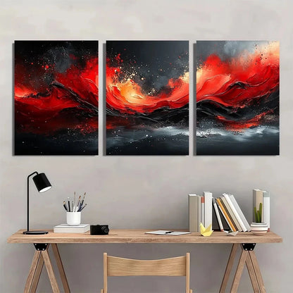 3pcs Modern Red Black Abstract Metal Print Ready to Hang Art - Bella Home Decor