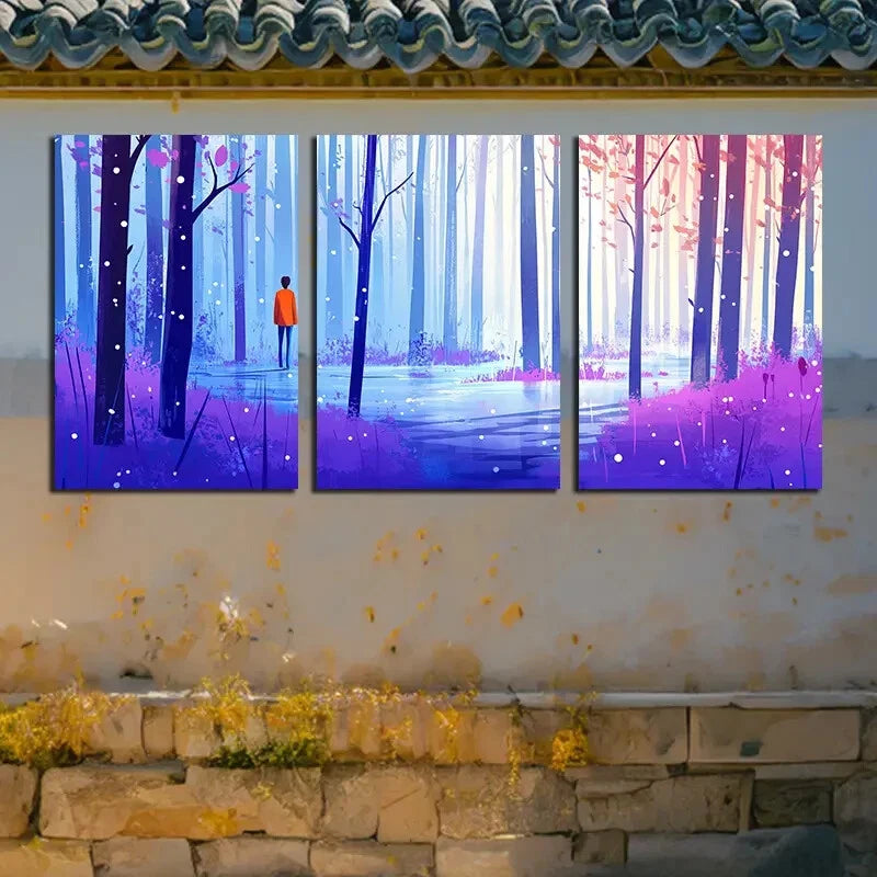 3pcs Vibrant People in the Forest Illustration Metal Print Ready to Hang Art