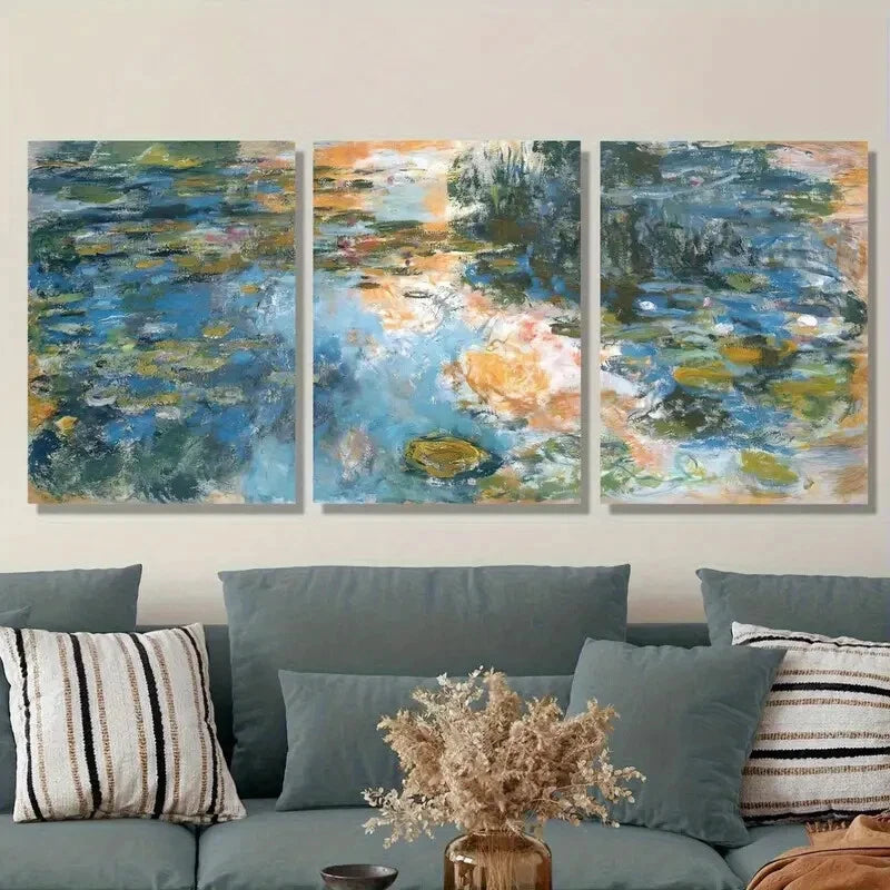 3pcs Abstract Pond Flower Vibrant Blue Green Metal Print Ready to Hang Art - Bella Home Decor