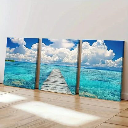 3pcs Australian Palm Beach Sea, White Clouds Wall Art Set Canvas Framed 60x90cm - High Quality Print 100% Australian Made Wall Canvas Ready to Hang - Bella Home Decor