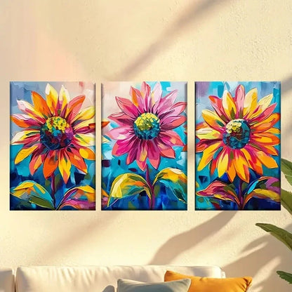 3pcs three flowers on blue background Wall Art Set Canvas Framed 40x60cm - High Quality Print 100% Australian Made Wall Canvas Ready to Hang