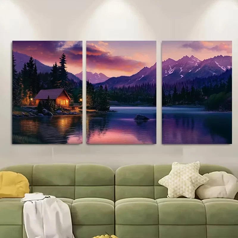 3pcs Lakeside Cabin & Blue Mountain Range Metal Print Ready to Hang Art
