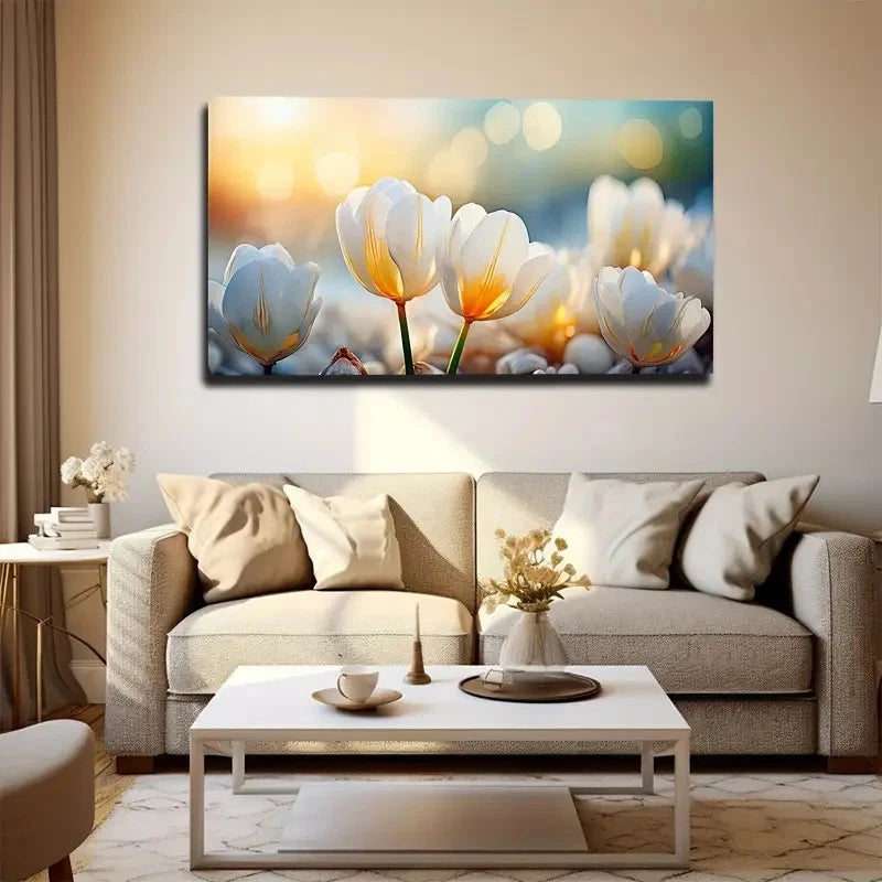 Sunlit White Tulips Bohemian Wall Art Canvas Office Home Room Framed 120x60cm
