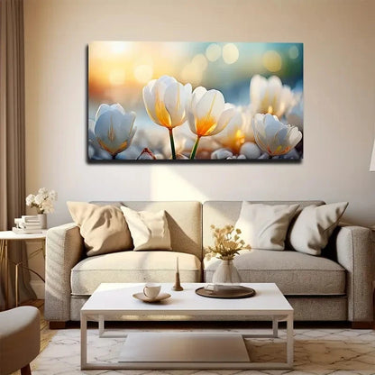 Sunlit White Tulips Bohemian Wall Art Canvas Office Home Room Framed 120x60cm