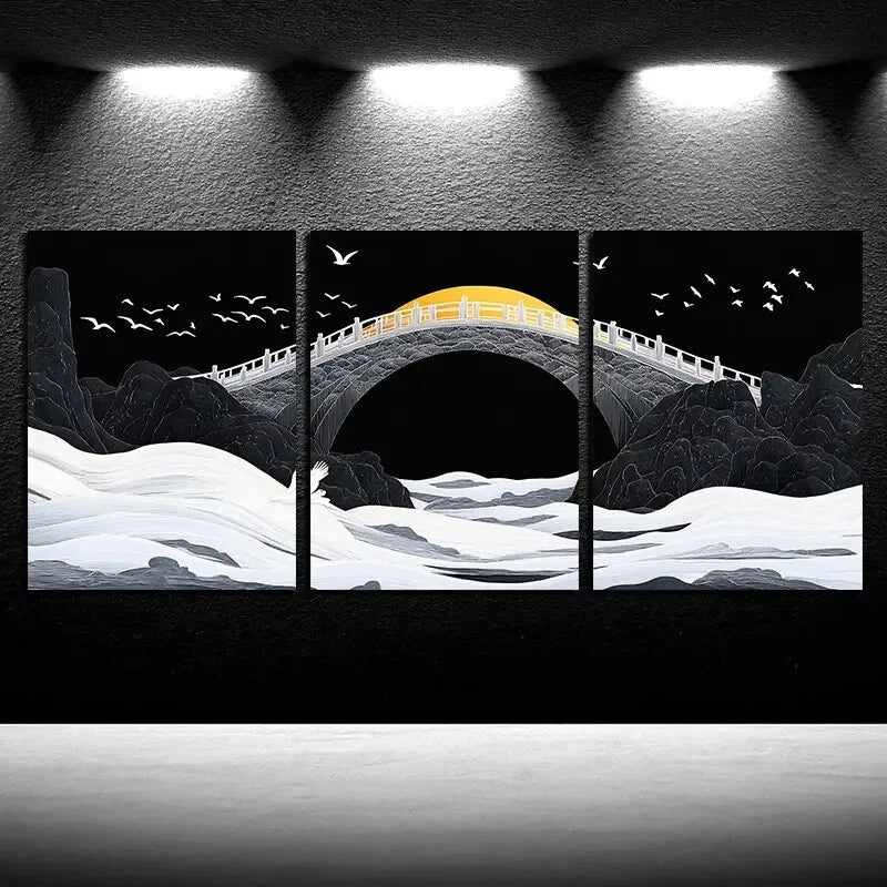 3pcs Black Bridge with Sea and Birds Flying View Metal Print Ready to Hang Art - Bella Home Decor